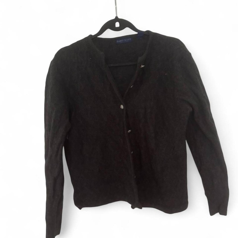 Karen Scott 100% Wool Charcoal Gray Cable Knit Button Cardigan Sweater